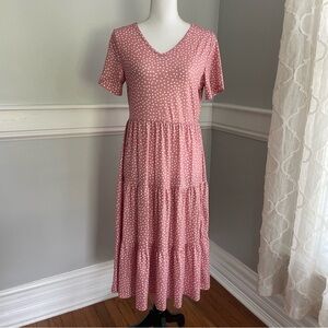 Pink and White Polka Dot Tiered Dress Size Medium Short Sleeve
